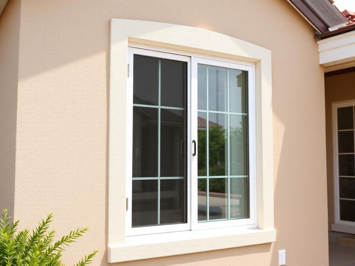 After: new white-framed impact-rated sliding window with clean caulk lines in the same stucco opening