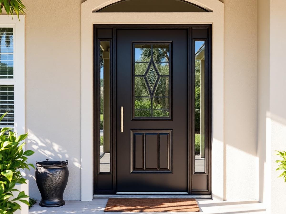 After: new impact-rated dark entry door with a glass insert, sidelights and modern handle set on the same entry