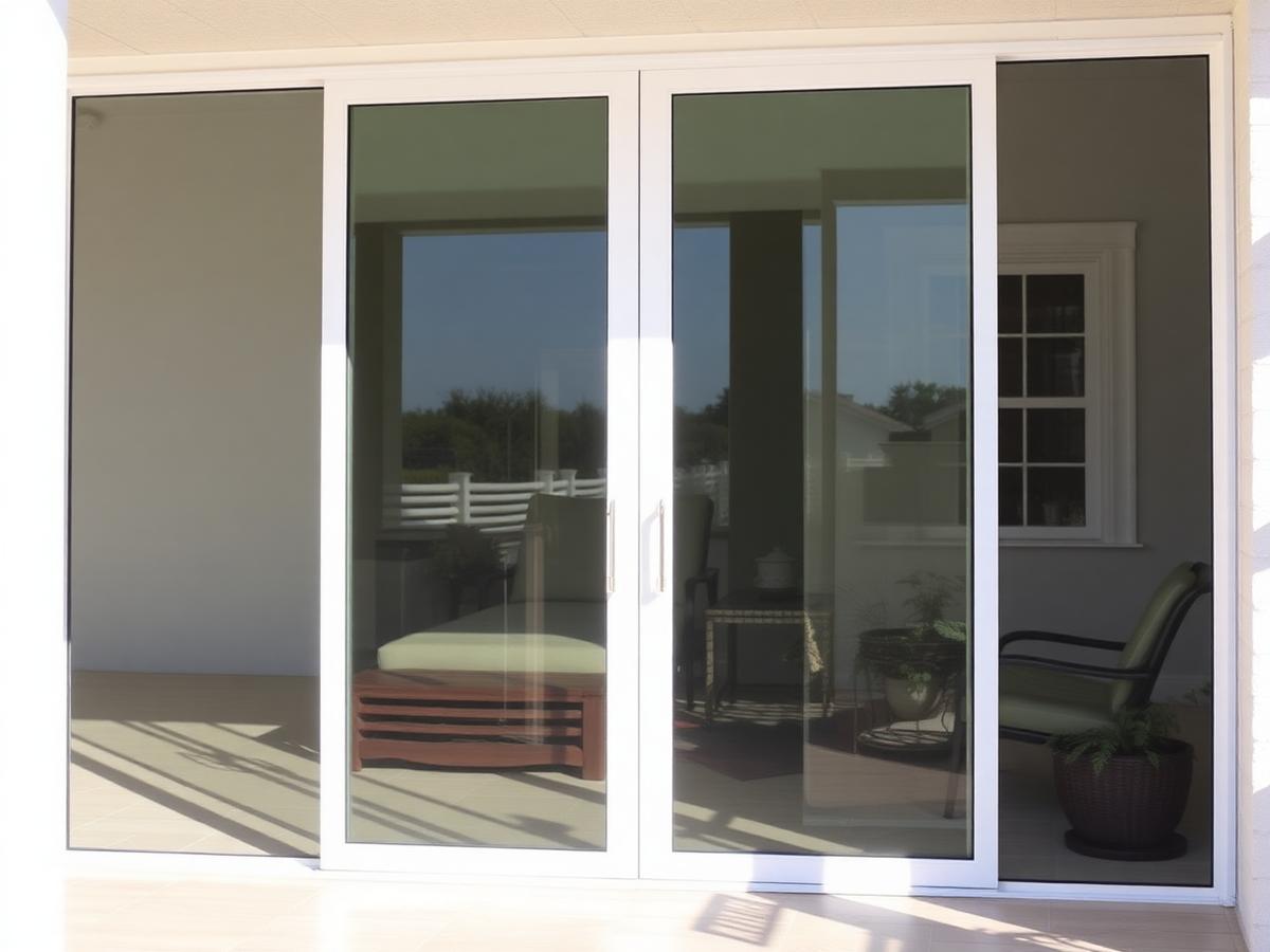After: new impact-rated sliding glass patio door with slim white frames and clean glass at the same patio
