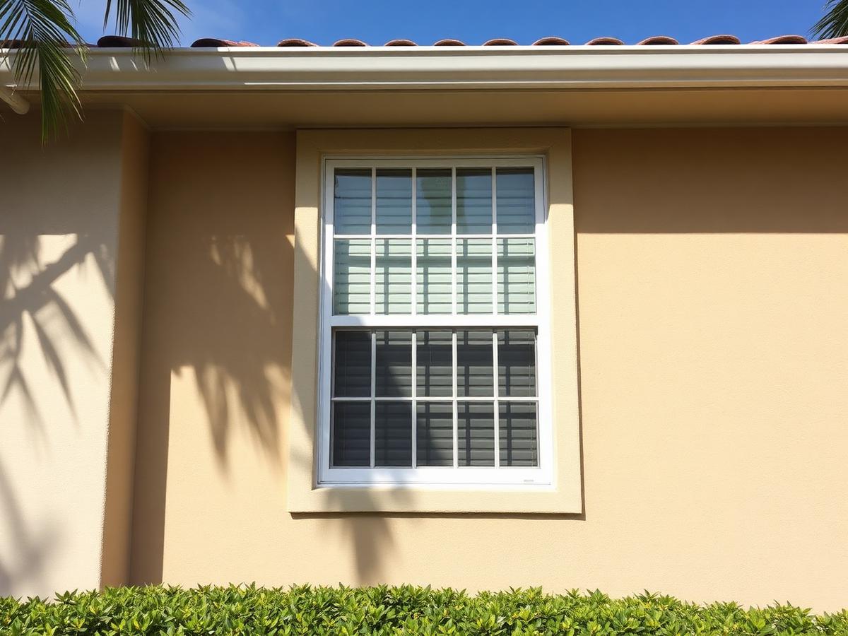 After: new white impact single-hung window with fresh stucco patch and caulk on the same exterior wall
