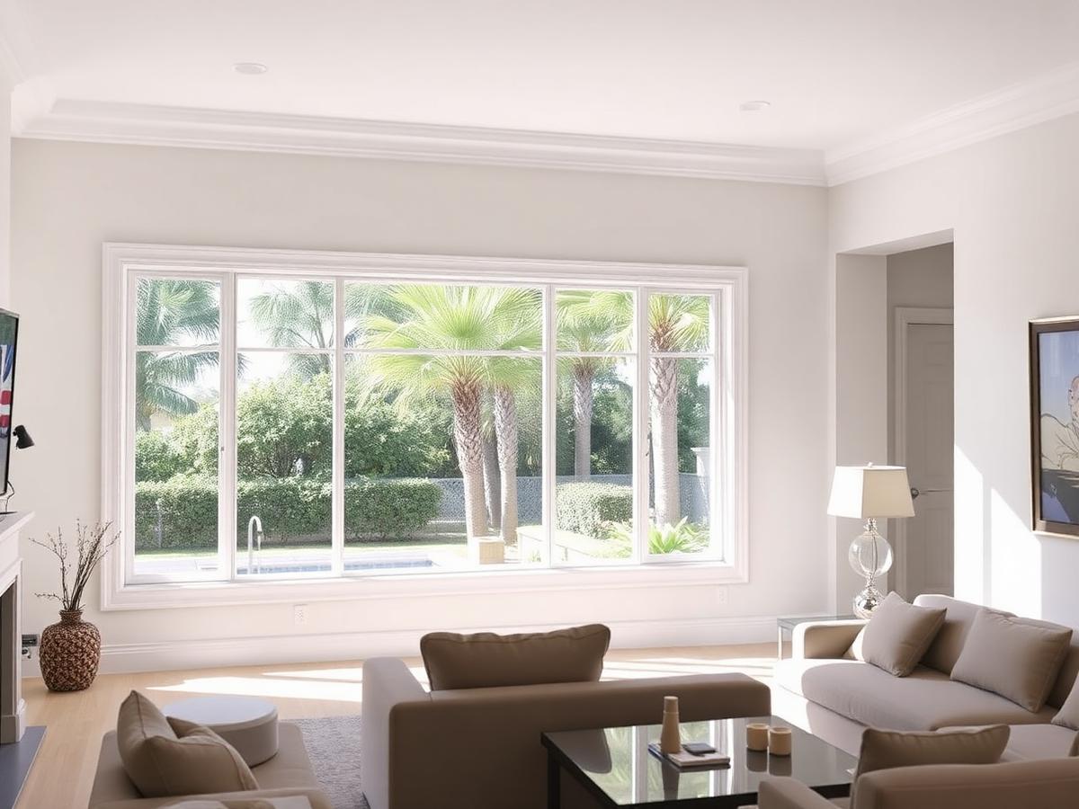 After: bright Davie living room with a large white-framed impact picture window and clean interior trim