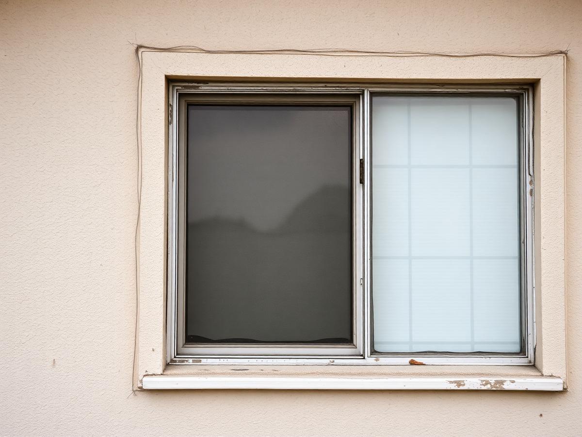 Before: worn aluminum single-pane sliding window with faded frame and chipped sill on a beige stucco Hollywood home