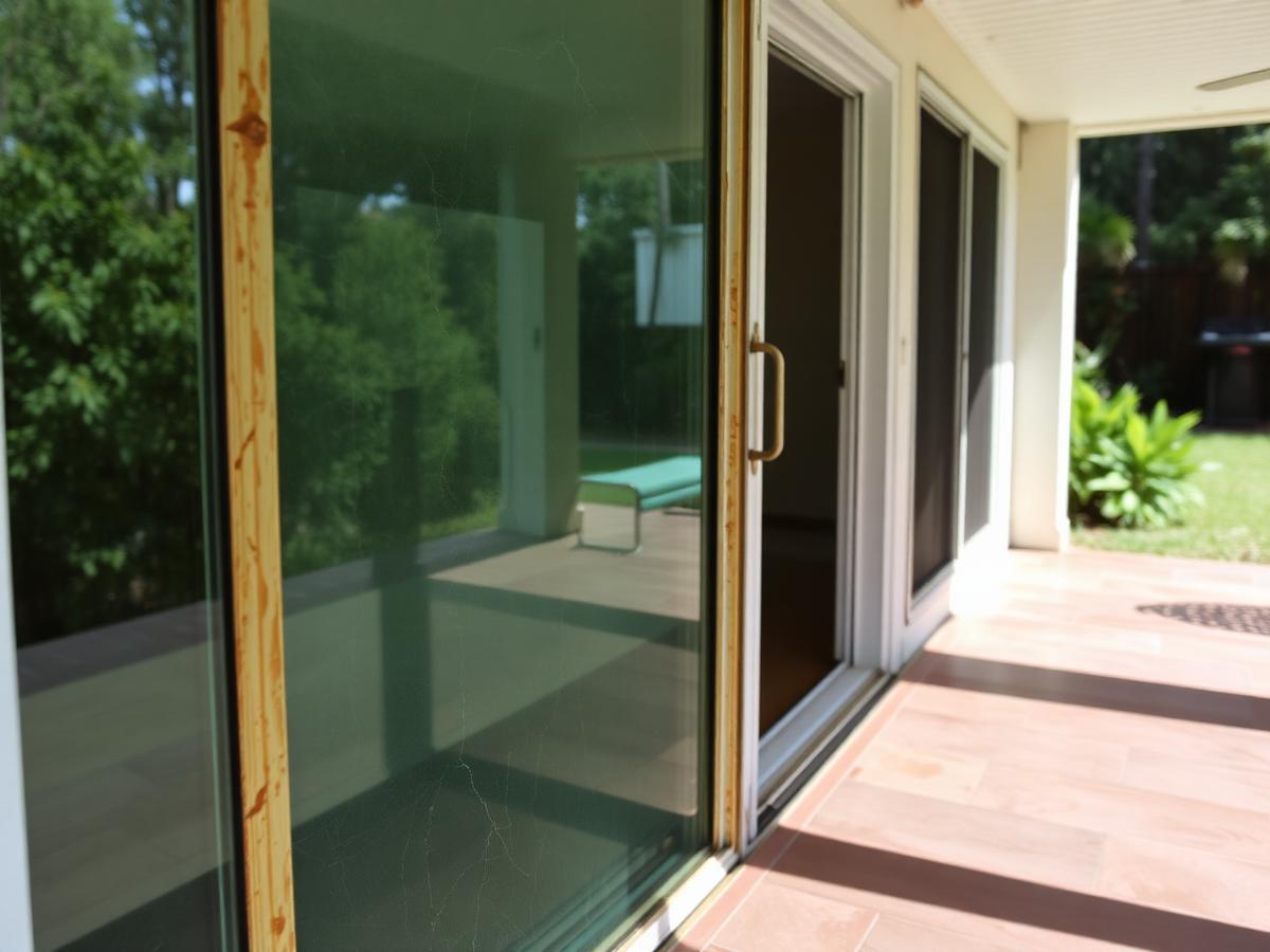 Before: aging sliding glass patio door with a worn wood-trimmed frame and dated track at a Pembroke Pines home