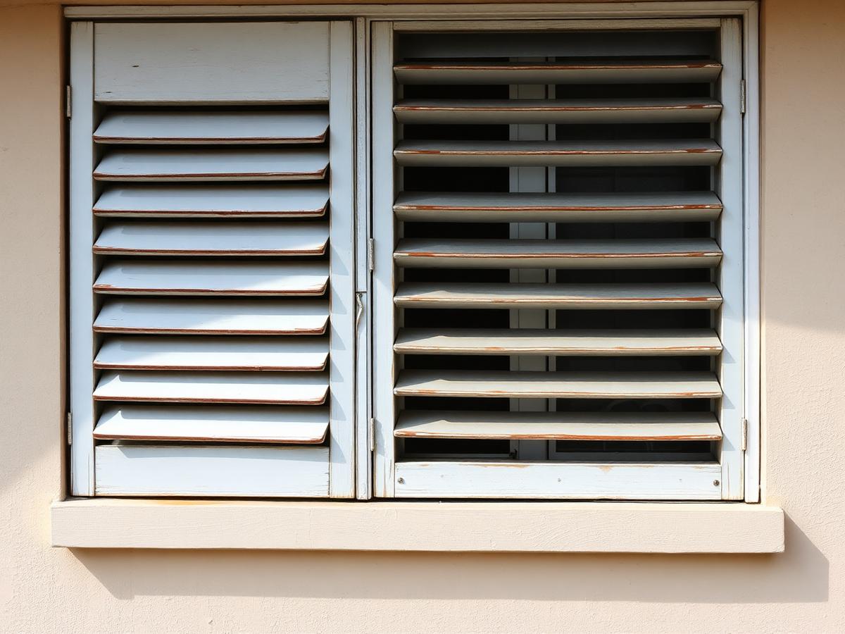 Before: old louvered jalousie window with peeling paint on a Pompano Beach mid-century exterior wall