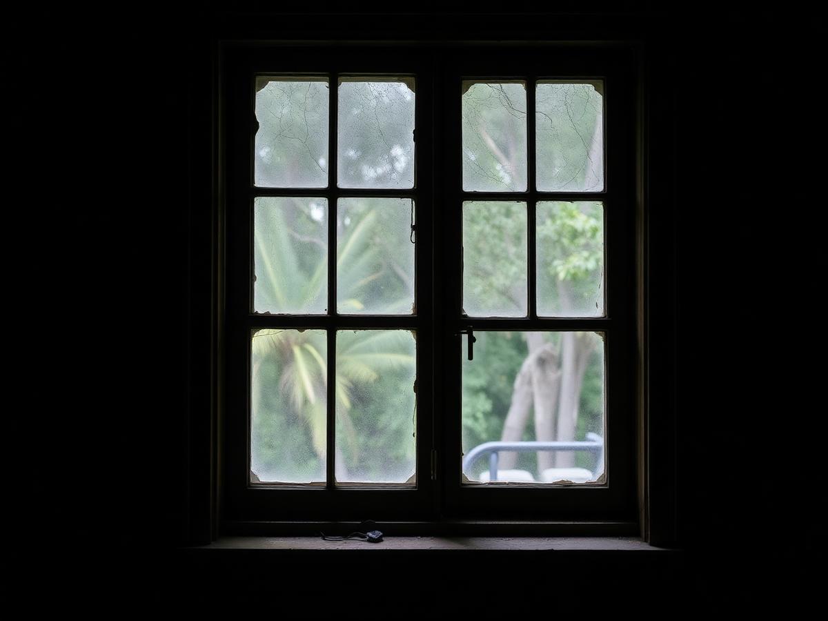 Before: small dated window with a dark heavy frame and hazy glass in a dim Davie living room