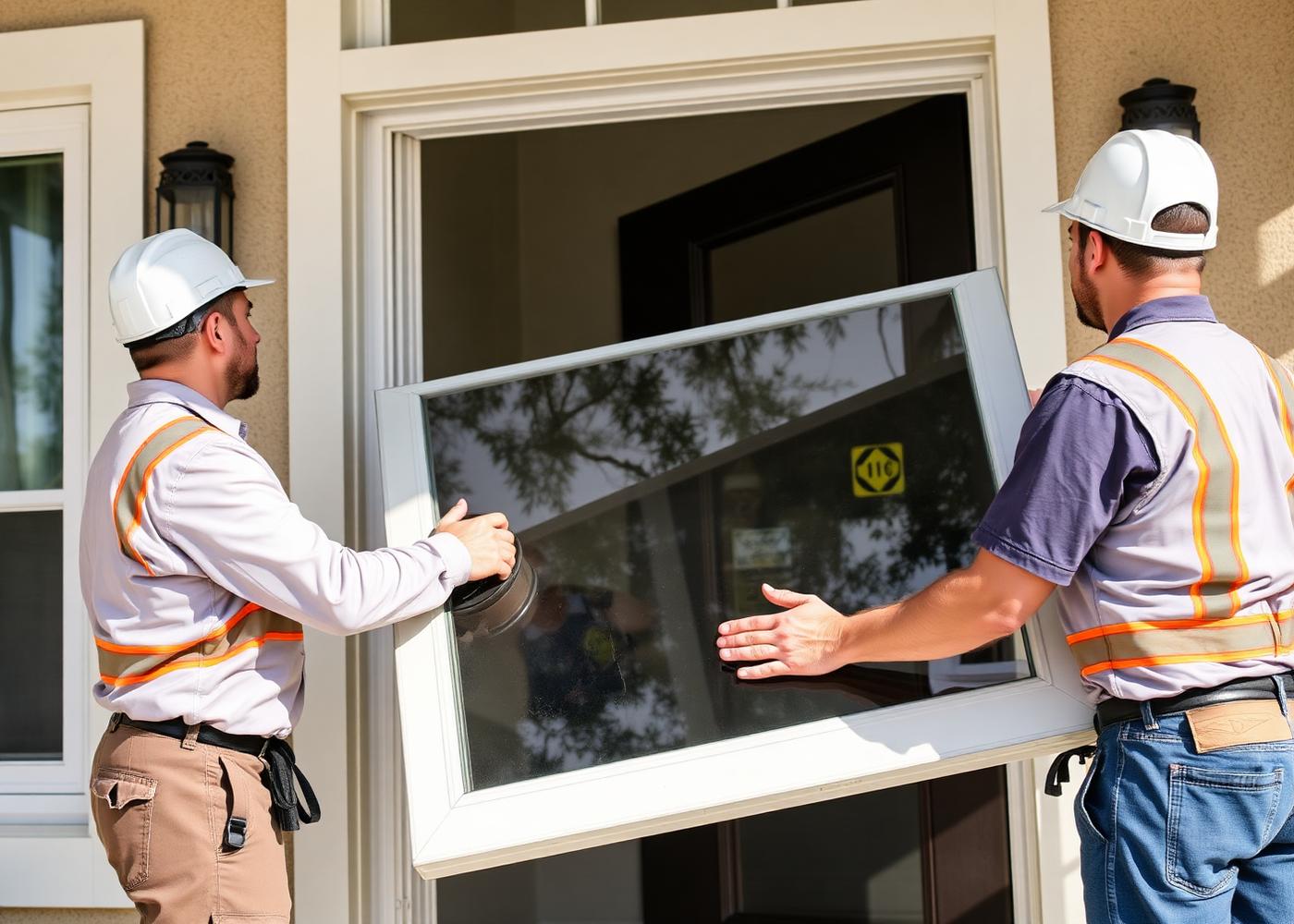 Two Dr. Handyman Service technicians lifting a large impact-resistant window into an opening on a South Florida home